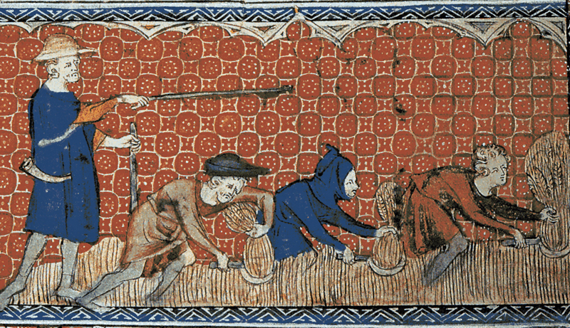 Illustration of medieval serfs harvesting crops under the watch of a reeve, showing the lack of options in traditional feudal society.